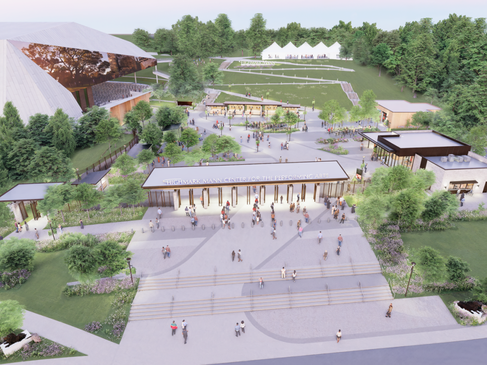 A rendering of Highmark Mann&rsquo;s South Plaza renovation, tripling the space&rsquo;s footprint ahead of its 2026 season opening, courtesy of EwingCole.